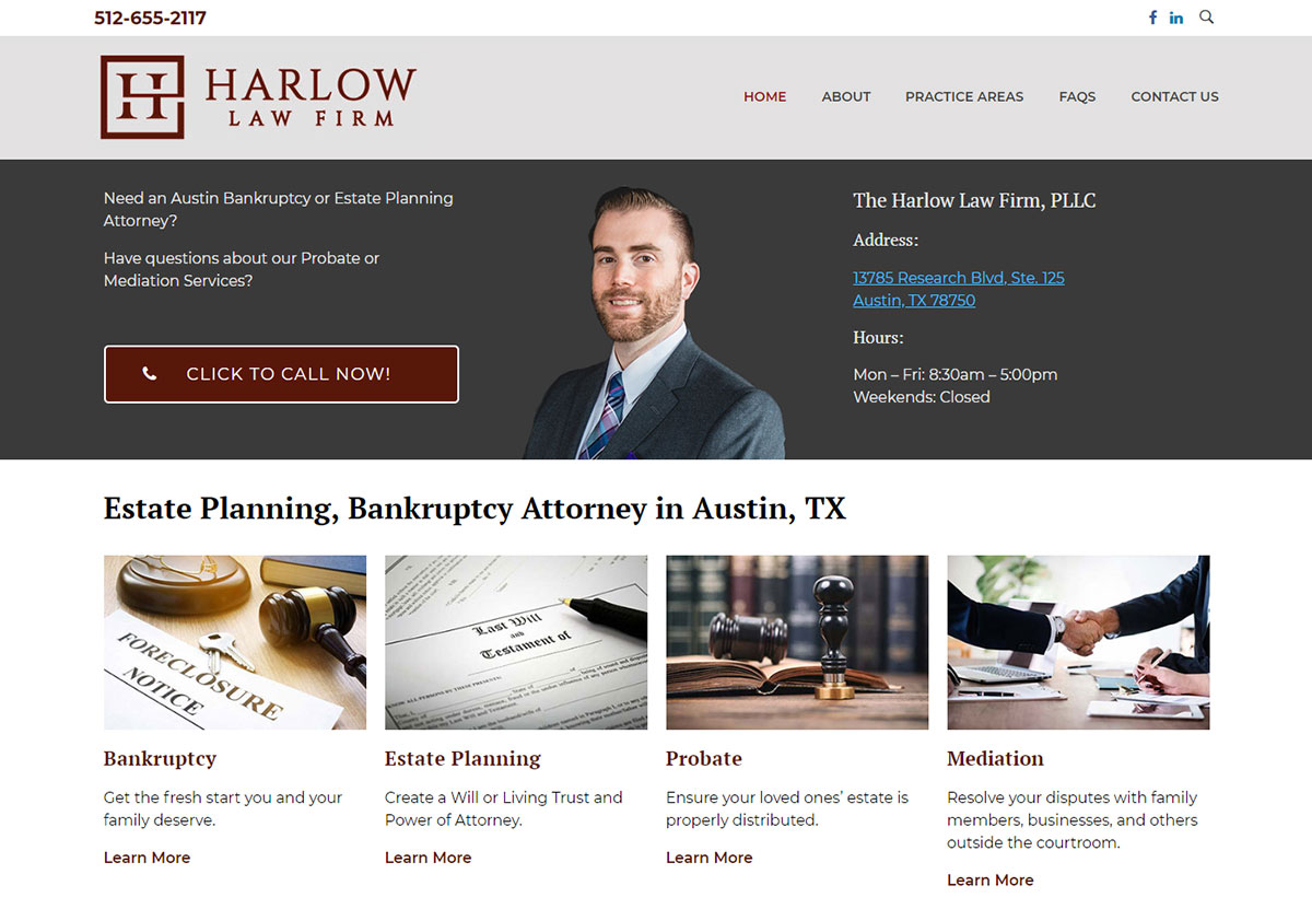 The Harlow Law Firm banner, PLLC Website Banner, BOYD LAKE SEO, Web Design, Leander, TX
